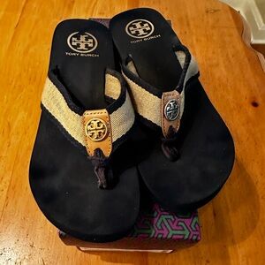 Tory Burch navy and tan wedge flip flops